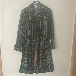 Elevenses Green and Blue Trench Coat with Classic Plaid Design